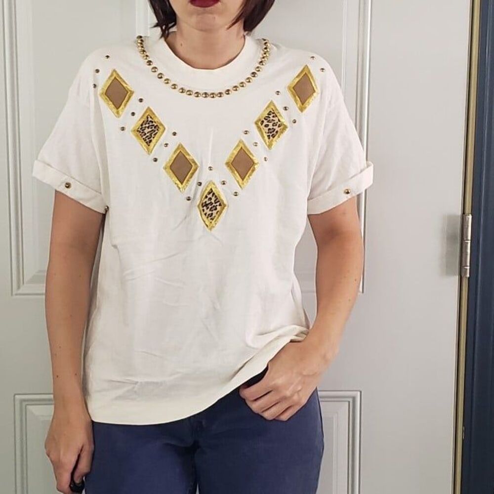 80s White and Gold Bedazzled Tee